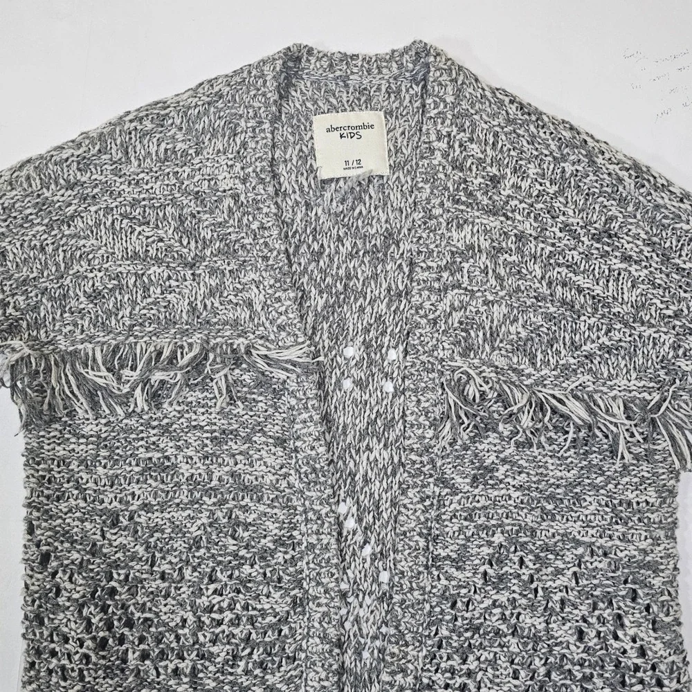 Abercrombie Kids Girls Grey Marled Fringe Pointelle Open Front Cardigan Sz 11/12